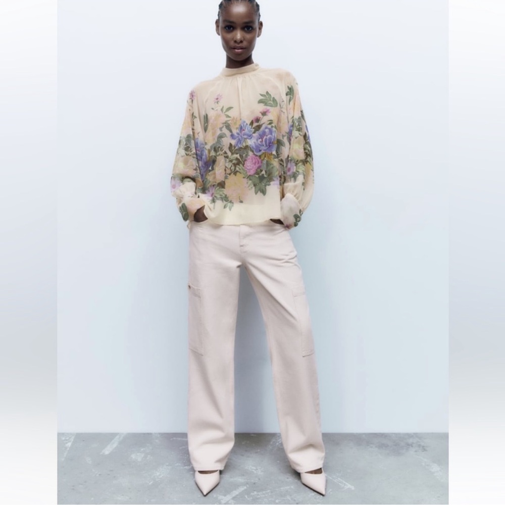 Zara Floral Cream Blouse with Purple and Peach Blooms - Picture 9 of 9